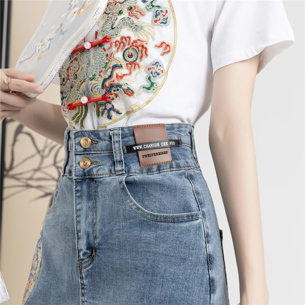 New 2024 Spring Summer Denim Skirt For Women High Waist Embroidery Back Slit Blue Jean Skirts Chinese Style A Line Skirt Women