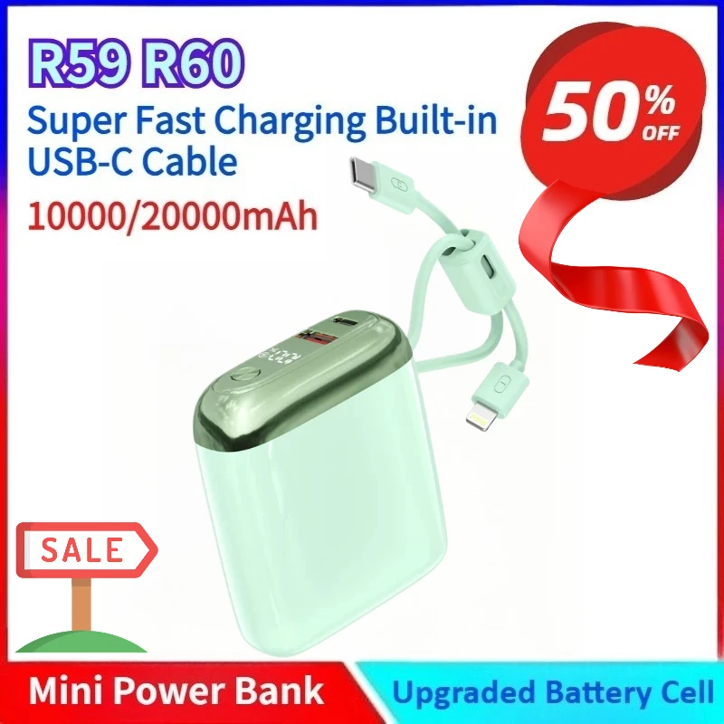 

Brand New Mini Power Bank 10000/20000mAh 22.5W Super Fast Charging Built-in USB-C Cable Portable Charger Travel-Friendly