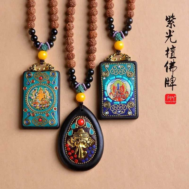 

UMQ Handmade Amulet Fortune Yellow God of Wealth Bhaisajyaguru Sweater Chain Men's and Women's Ebony Thangka Pendant