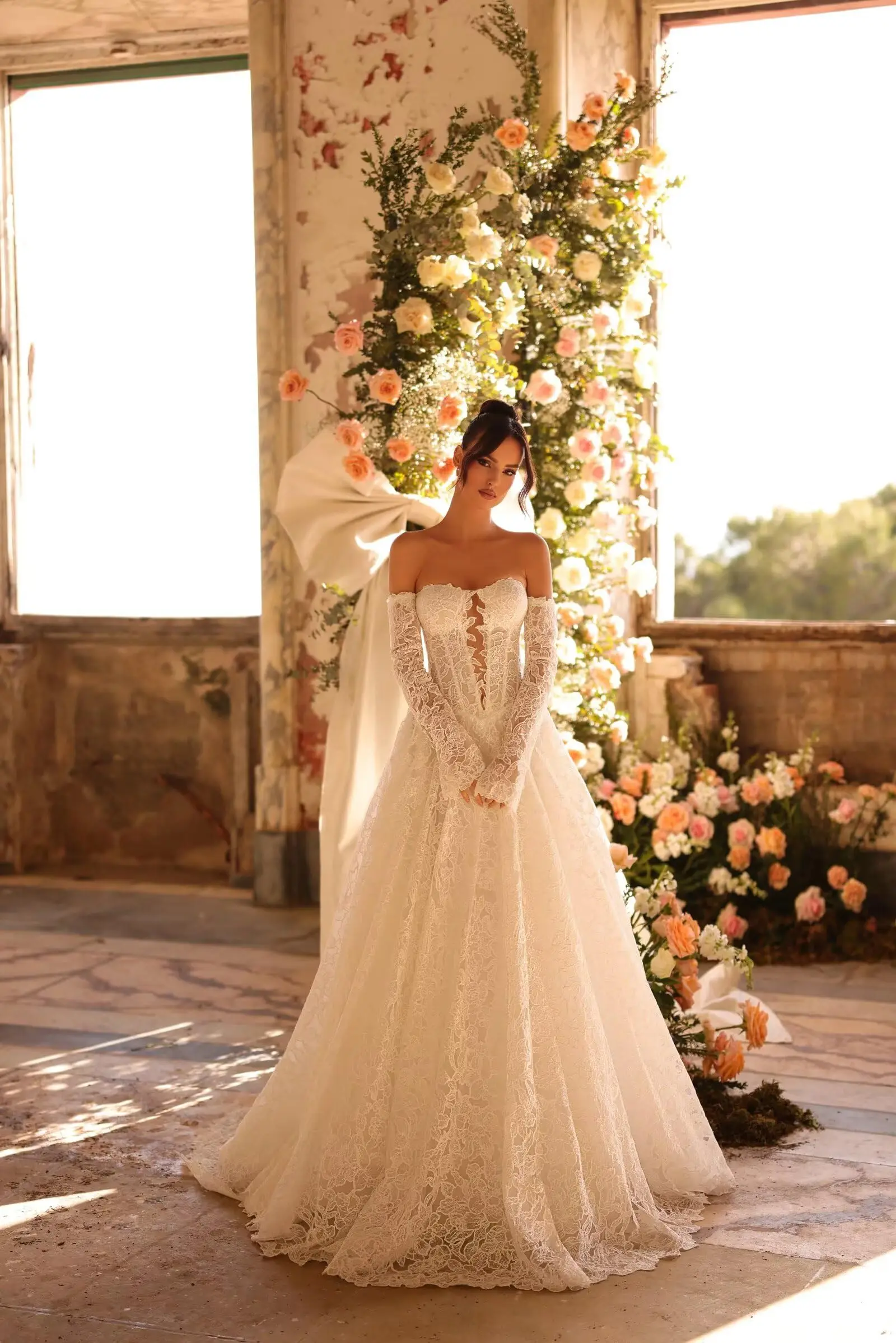 

Wedding Dresses for Bride Long Lace Applique Tulle Bridal Gown Boho Beach Wedding Dress