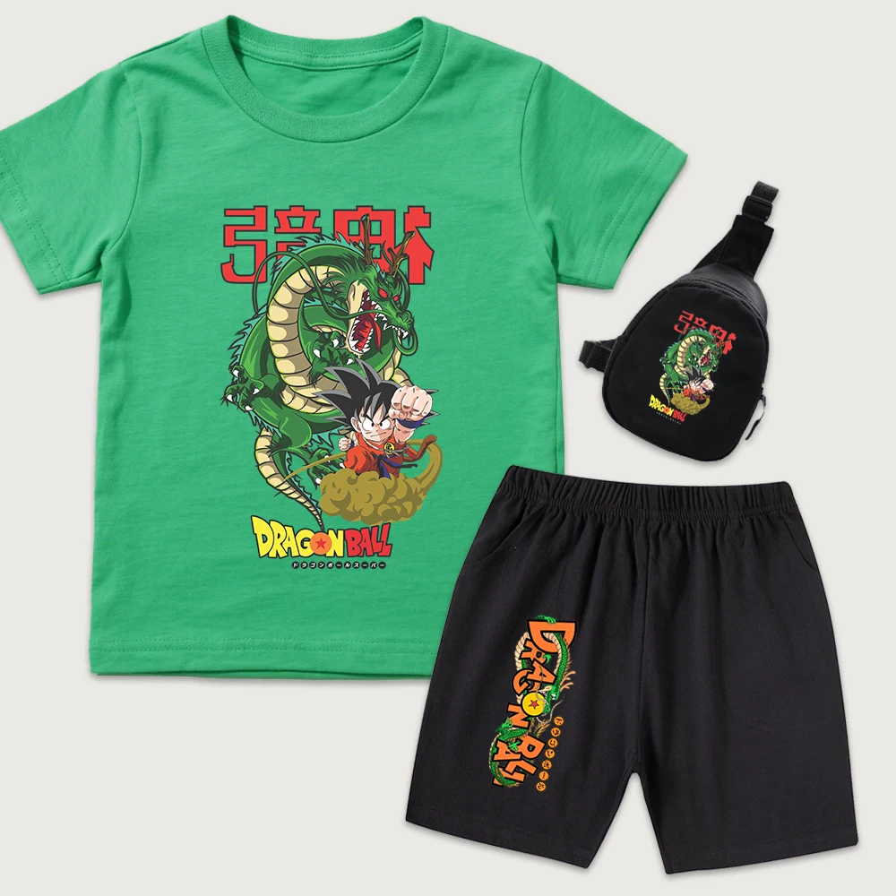 Dbz Shen Long x Goku Anime Print Kids Boys Girls Cotton T Shirt Shorts Mini Chest Bag 3 Pieces Set Casual Summer Outfit