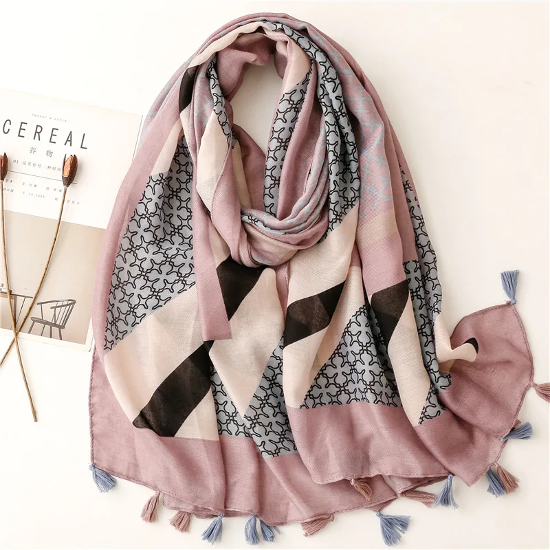 

Fresh Cotton Linen Feel Scarf Pink Small Lattice Geometric Color Matching Decoration Handmade Tassel Scarf Shawl