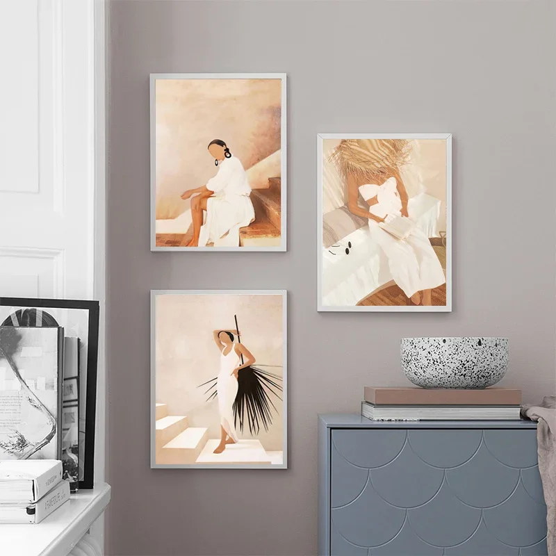 Wall Art Canvas Painting Nordic Abstract Fashion Girl Summer Read Stairs Rest Posters And Prints Decor Pictures For Living Ro