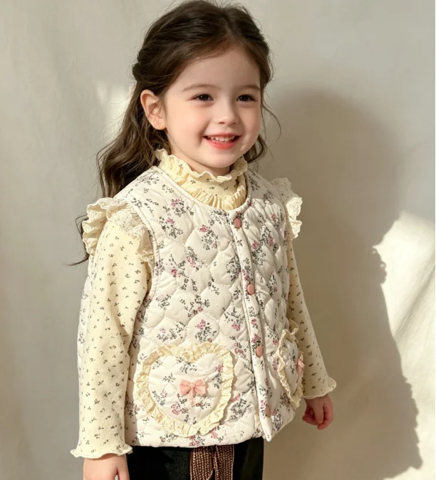 Girl Waistcoat 2026 Autumn and Winter New Children's Clothing Korean Style Girl Baby Foreign Leisure Floral Cotton Waistcoat
