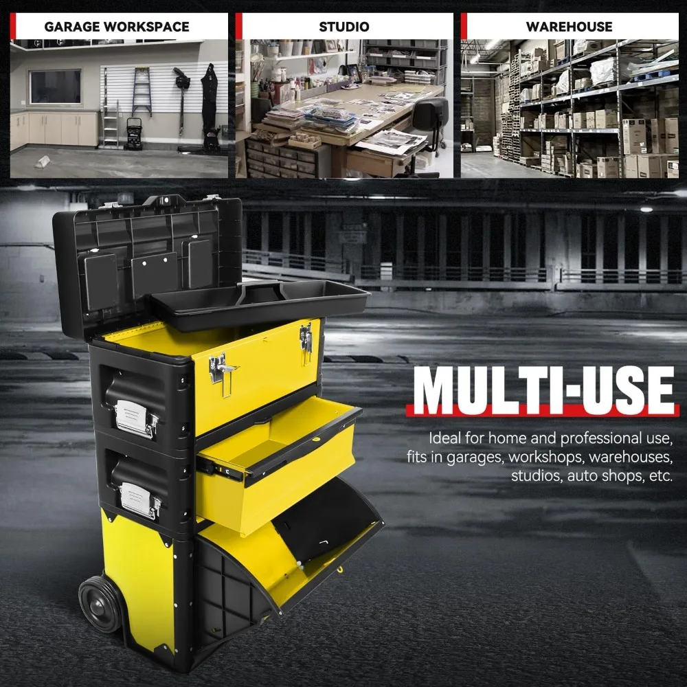 Cassapanca impilabile per attrezzi a 3 livelli con organizer e ruote per riporre e mobilità efficienti degli attrezzi