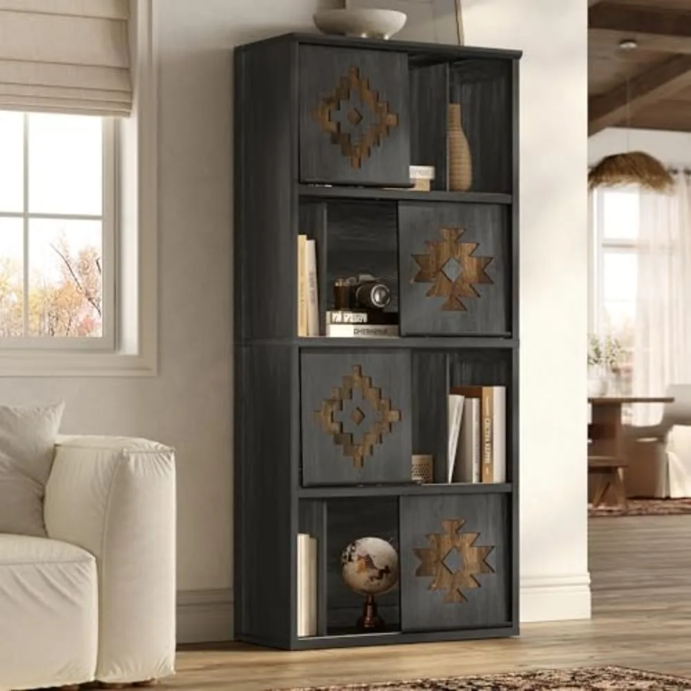 Bookcase & Bookshelf with Movable Bookends, 4-Tier Open Storage Shelves, Beveled Gliding Doors, Large Wooden Display