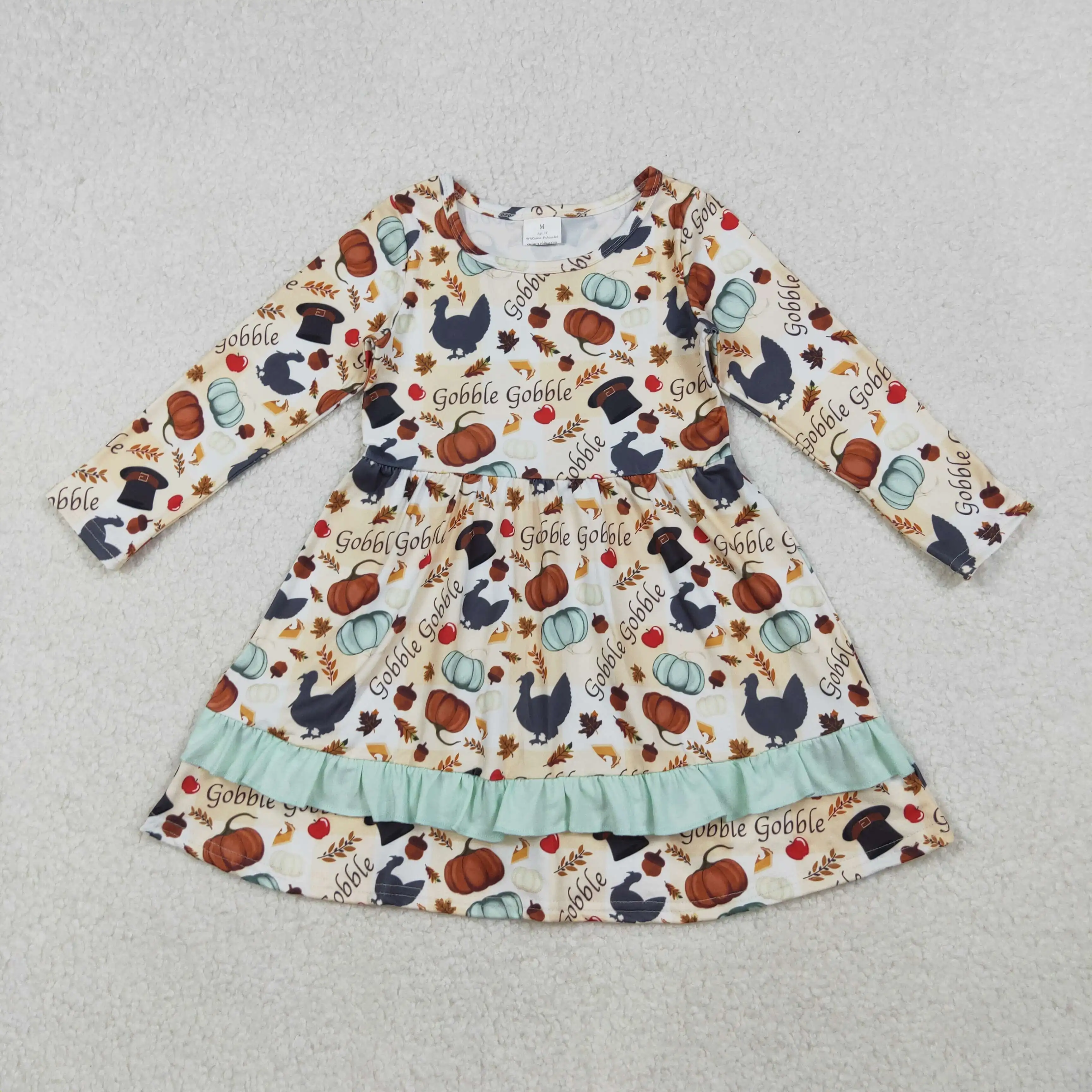

X10.14 Winter baby girls dress wholesale turkey pumpkin green lace yellow plaid long sleeve dress