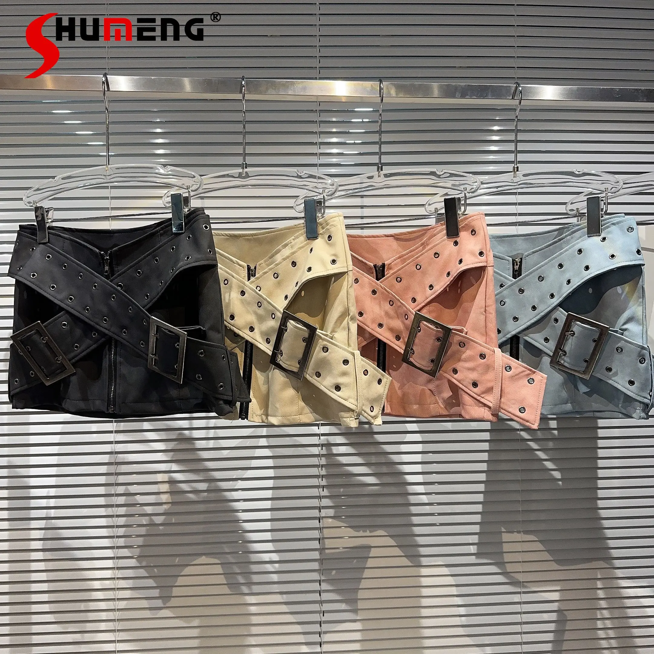 

2023 Autumn New Cross Wide Belt Gauge Leather Skirt Hot Girl Short Mini Sexy Skirt Female PU Skirts Office Lady