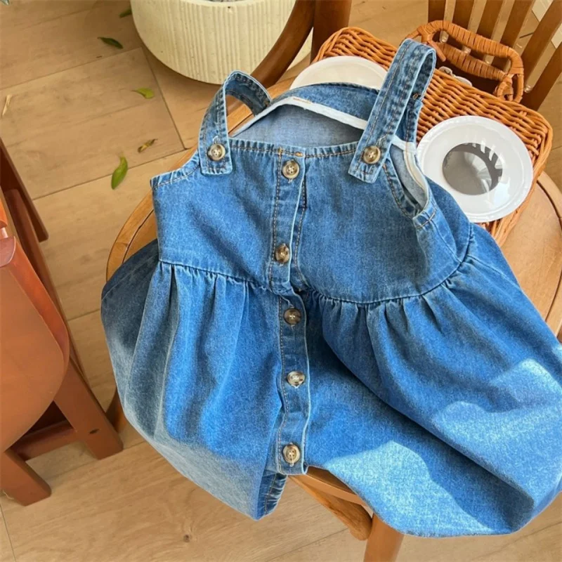 

Girls' Spring Dress2025Baby Girl Floral Shirt Denim Suspender Skirt Two-piece SetALine skirt