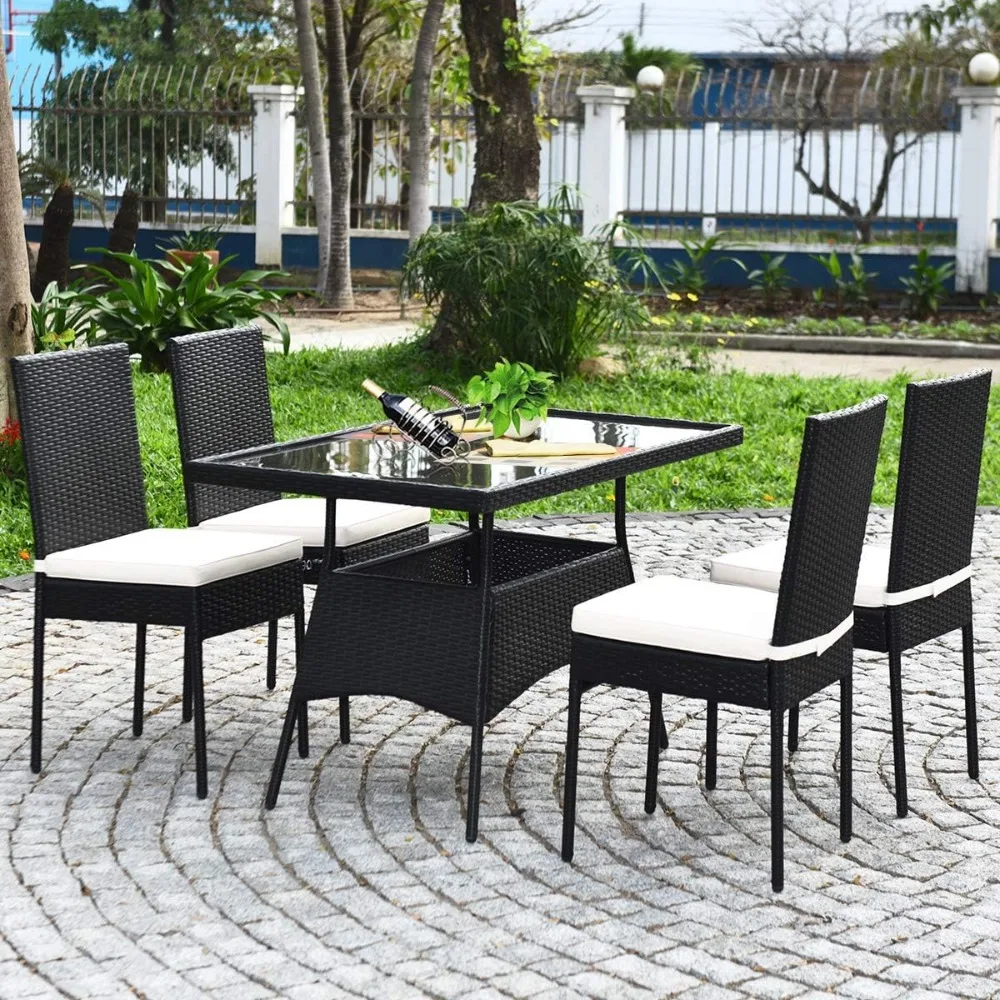 

5 Pieces Patio Wicker Dining Set Outdoor Furniture, Outdoor Rattan Table and Chairs with Tempered Glass Table-top & Padded Cushi