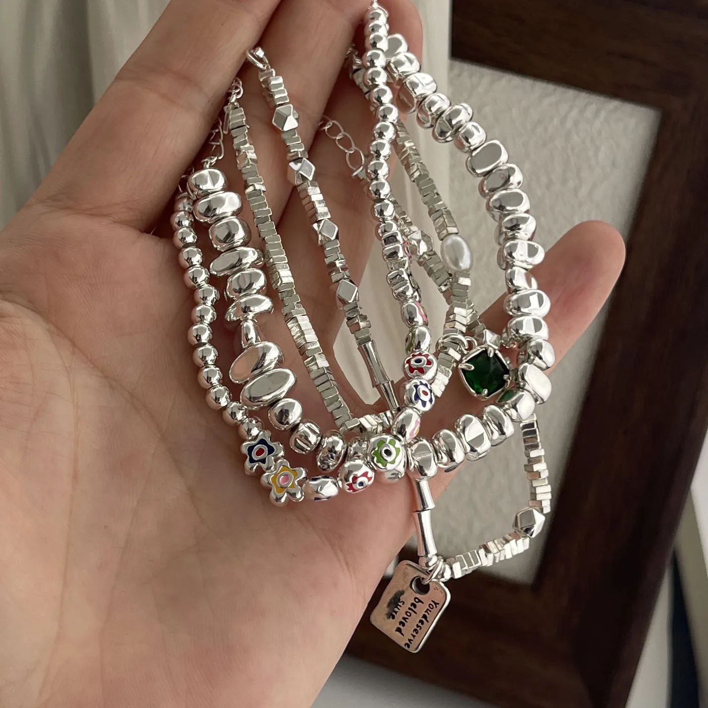 100% Solid 925 Sterling Silver Retro Bracelet for Women Men Vintage Handmade Flower Stone Shape Bracelet Birthday Gift