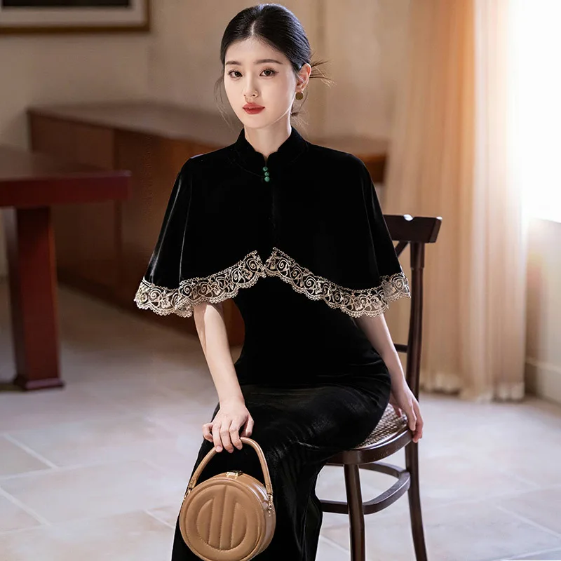 

Черный бархат в национальном стиле, новый китайский осенний комплект шалей Cheongsam без рукавов для молодых женщин, весенний Ципао в стиле ретро