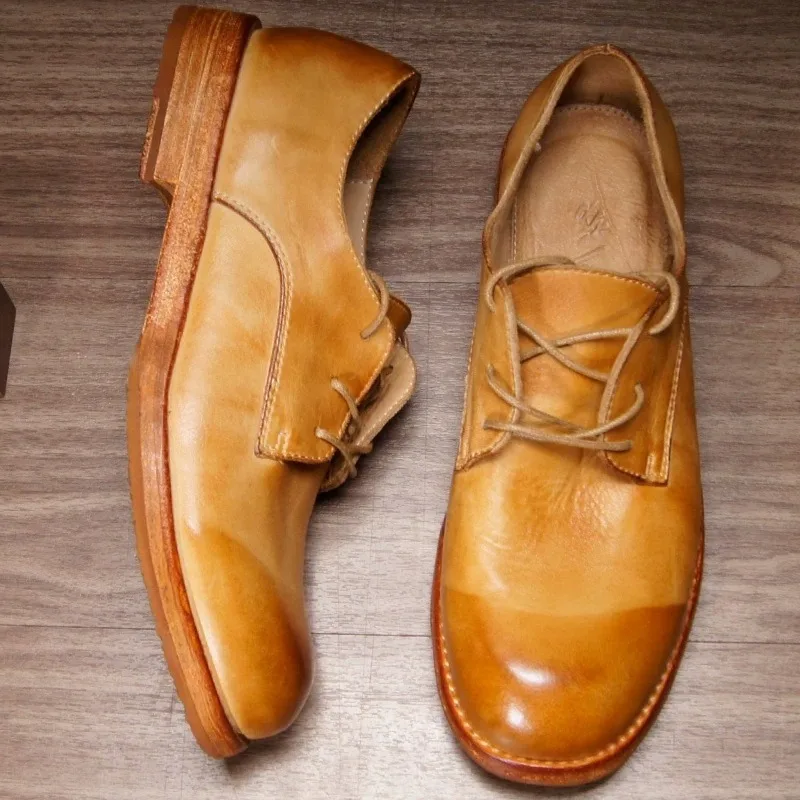 Vegetable Tanned Cowhide Washed Men's Leather Shoes Round Toe Lace Up Retro Business Formal Derby Shoes Male Genuine Leather
