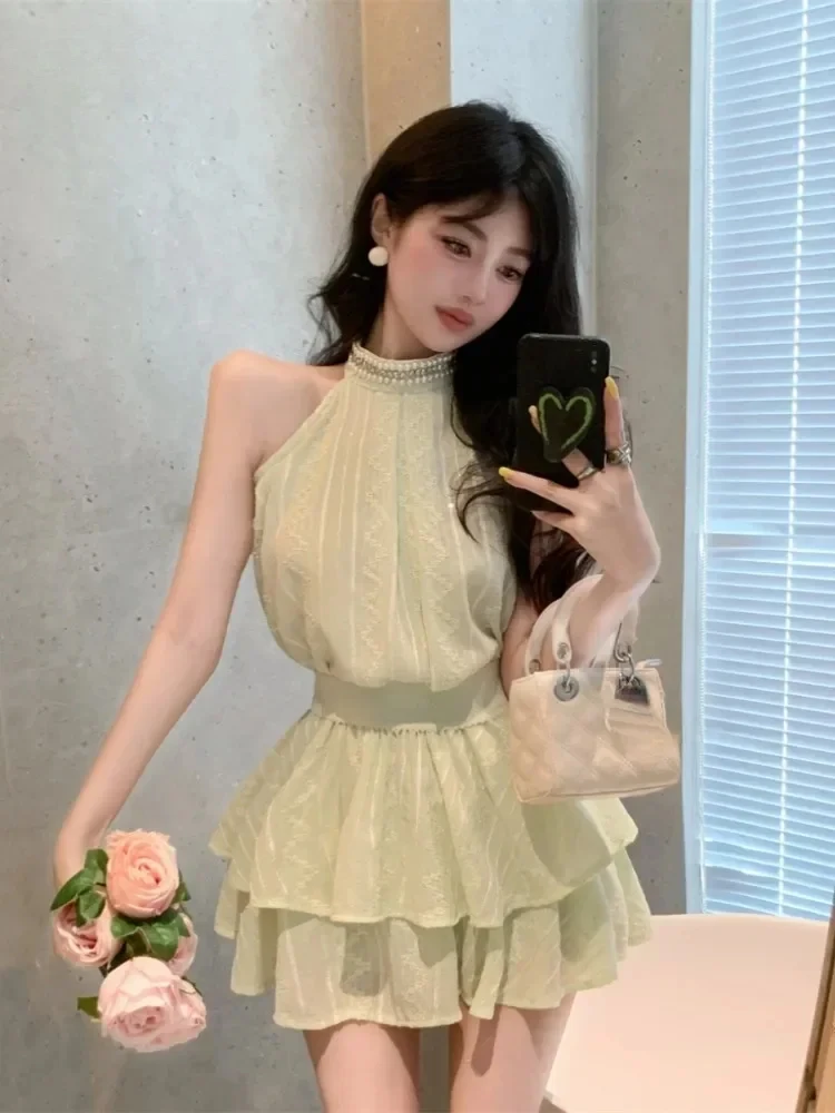 セクシーな甘いキャミソールフリルミニスカート女性のエレガントなスーツ Ezgaga ツーピースセット女性ノースリーブブラウス刺繍レースタンクトップ