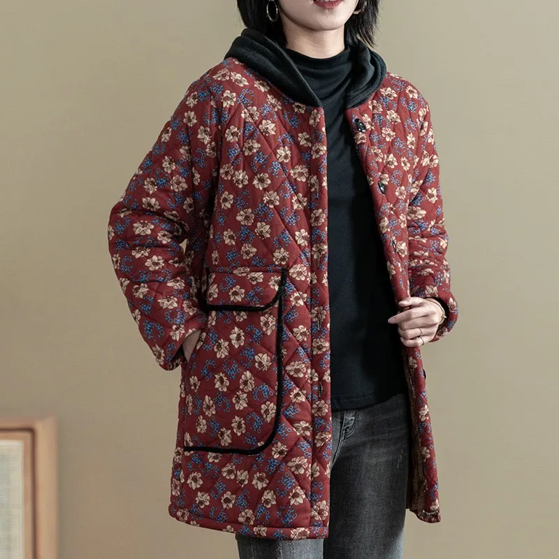 Middle-aged Women Down Cotton Jacket Autumn Winter floral cotton cloth Warm Plus Velvet Coat Old People Hooded Outerwear