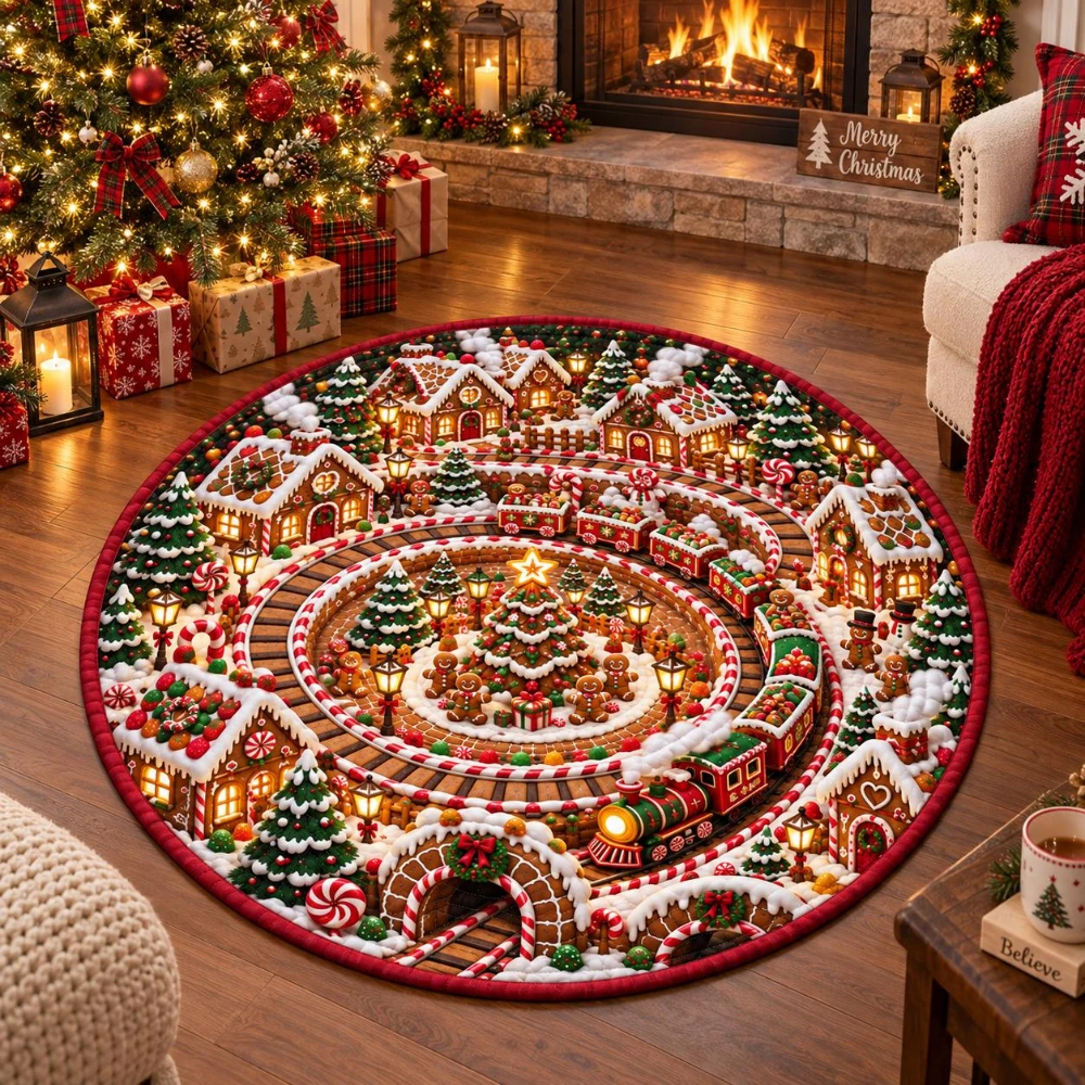 3D Gingerbread House Christmas Tree Circular Rug Holiday Train Festive Area Carpet Washable Floor Mat Xmas Party Props 2D print