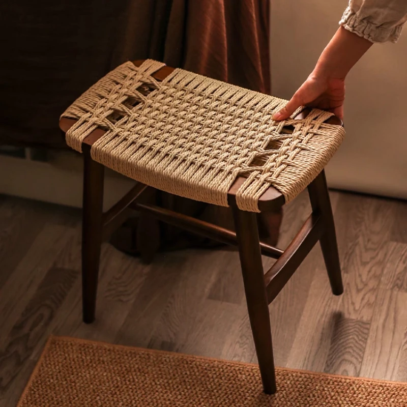 French Solid Wood Shoe Stool  Woven Rattan Side Table  Compact Dressing Table Ottoman  Versatile Bedside Cabinet