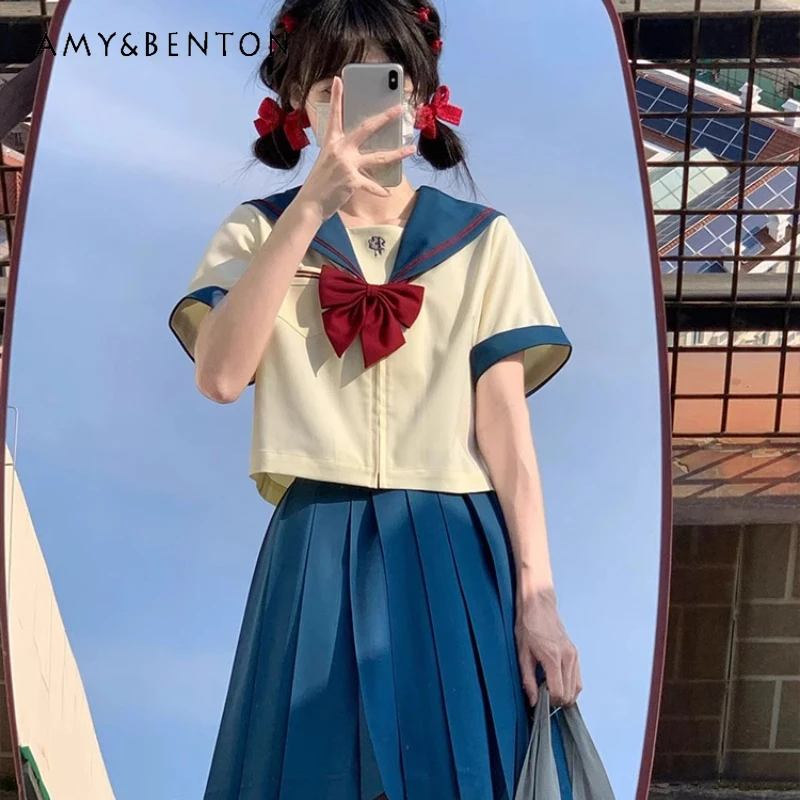 

Japanese Summer Pleated Skirt Outfits Preppy Style JK Uniform Sailor Suit Short Sleeved Top Versatile Two Pieces Set Set Female