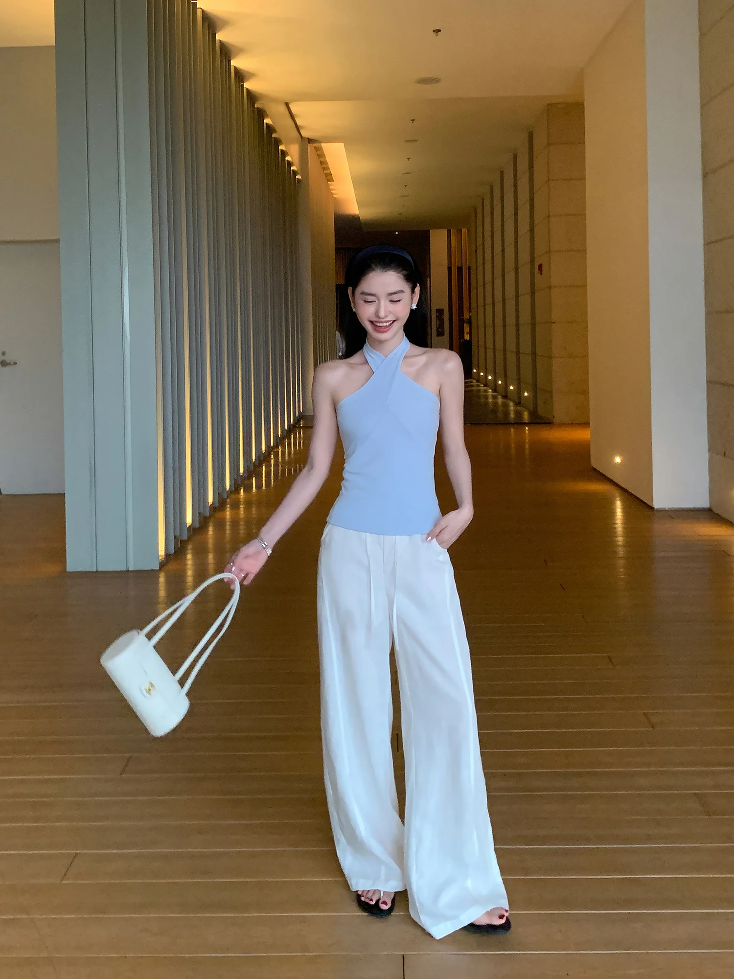 

Pusumede Casual Wide Leg Pants Women's Loose High Waist Linen Blend Drawstring Straight Leg Trousers Comfortable Loose Fit
