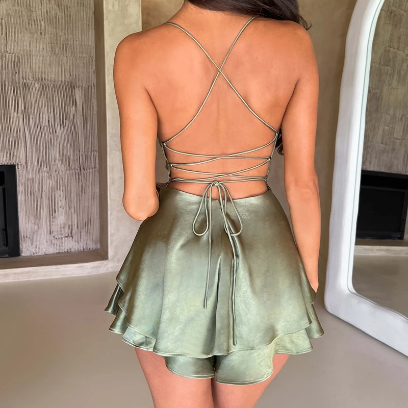 Gaono Elegant Satin Backless Tie Up Mini Dress Chic Women Club Party Night Ruffles Layered A-line Dress Vintage Streetwear