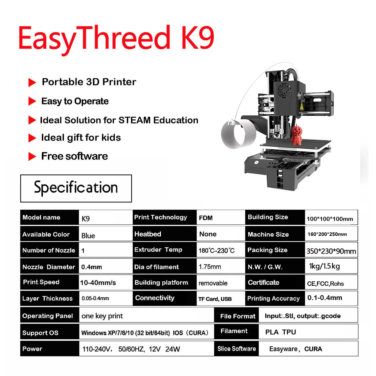 Stampante 3D di Stampa 3D da Mm per Principianti con Filamento TPU PLA Stampante 3D di Stampa 3D da Mm per Principianti con Filamento TPU PLA