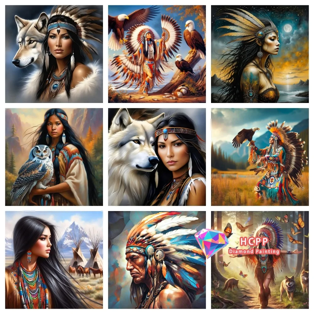 Frau-Wolf-Porträt Indianer Afrikaner Diamant-Malerei-Set Quadratische Runde Diamanten 5D DIY Mosaik Handgemachte Kunst Geschenk Heimdekoration
