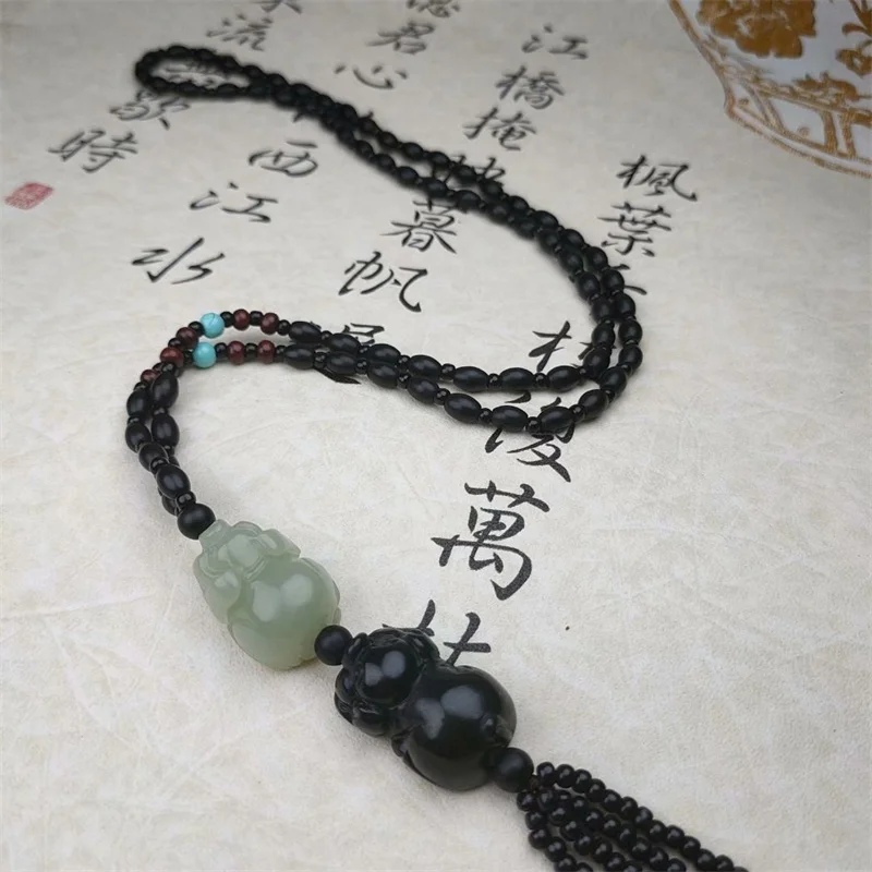 Hot Selling / Hand-carved Hetian Cyan Jade Fortune Pig Sweater Chain Necklace Pendant Fashion Jewelry Men Women Luck Gifts