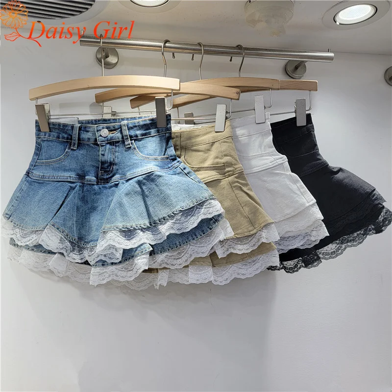 Sambungan Denim Elastis Baru ​ ​ Rok Bengkak Rok Kue Renda Multi Lapis Gadis Seksi Pinggang Tinggi Rok Mini Manis dan Serbaguna