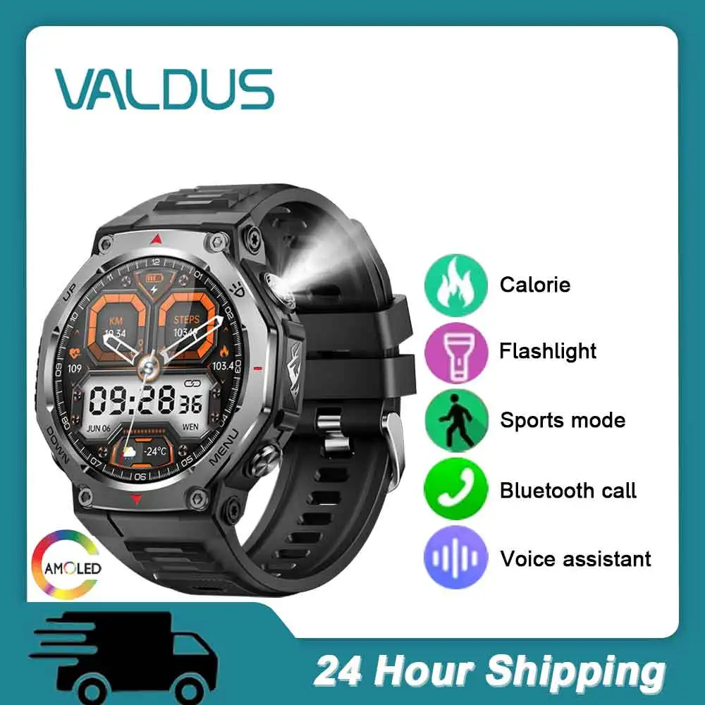 

VALDUS 2025 Новые умные часы VD47 Pro с фонариком, голосовой помощник, спортивный режим, пульсометр, Bluetooth-вызов, AMOLED, уличные умные часы