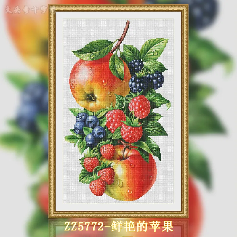 [ZZ5772-Bright Apple] DIY Stamped Cross Stitch Kit 14CT 16CT, Printed Fabric for Hand Stitching, Cotton Thread Set
