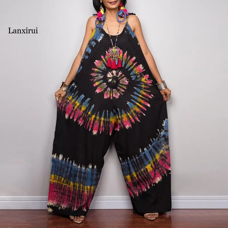 

Tie Dye Women's Wide Leg Jumpsuits Summer Ladies Sleeveless Sling Jumpsuit Female Casual Print Loose Rompers