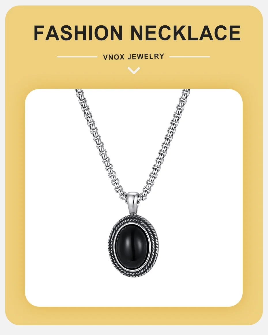 Vnox Herren-Halskette mit ovalem Anhänger aus schwarzem Onyx, Retro-Edelstahl, 60 cm Kastenkette, Vintage-Natursteinschmuck, Geschenk für Ihn – Detail 1