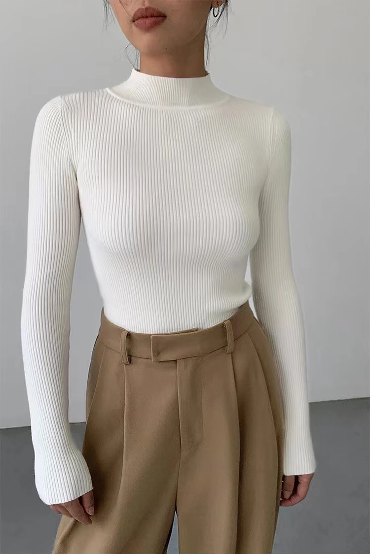 Women's Sweater Mock Neck Solid Ribbed Long Sleeve Slim Pullover Knit Sweater