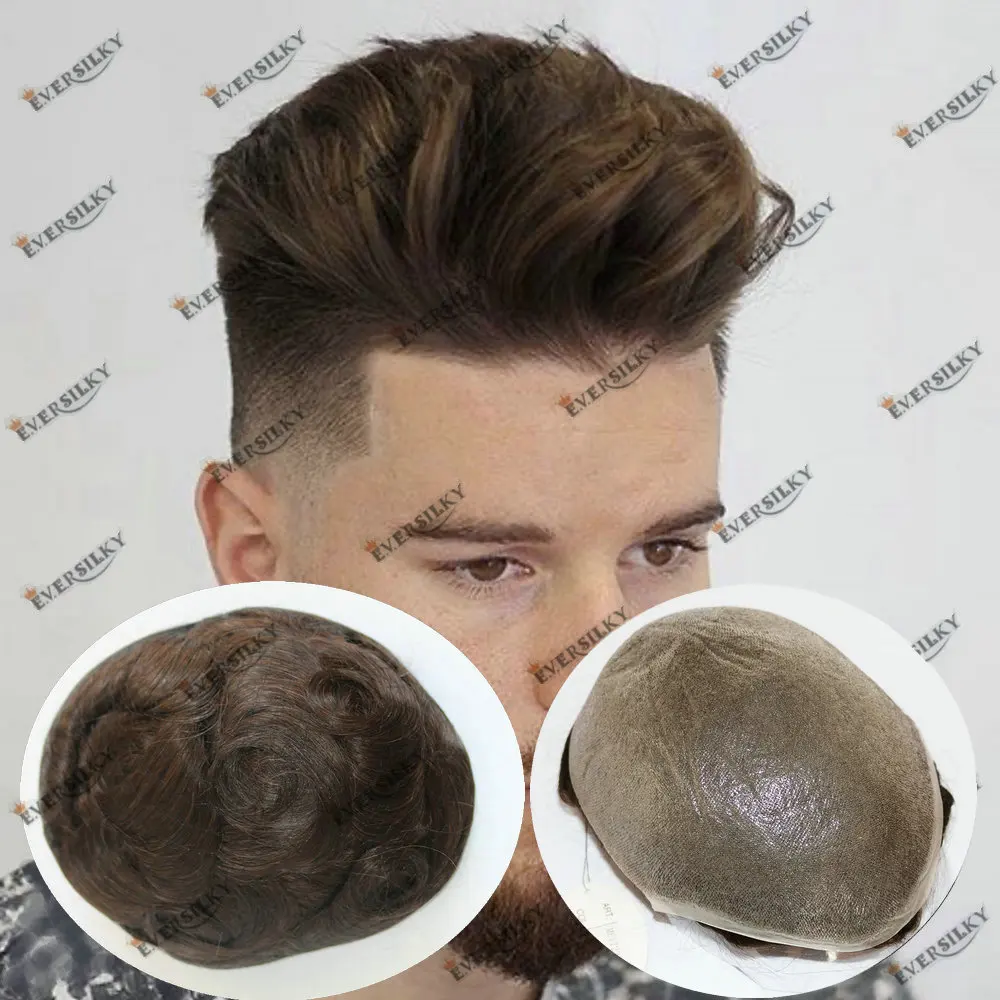 Toupee de pele fina para homens, sistemas naturais de cabelo humano, prótese capilar masculina, prótese 0,02mm