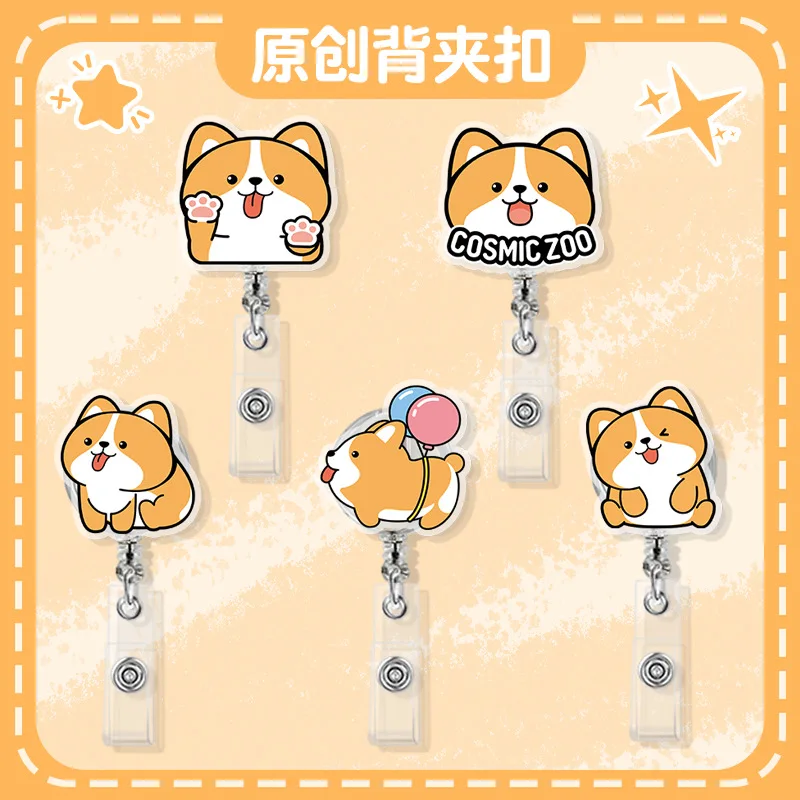 Cute Corgi Pattern Acrylic Retractable Badge Reel Anti Lost Plastic Back Clip ID Card Holder Accessories