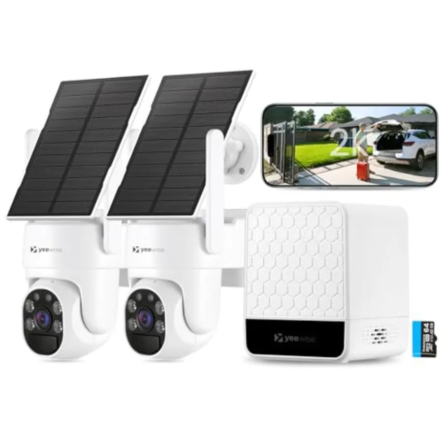 Outdoor solar security cameras wireless 2-cam kit: aluminum alloy, black, no subscription, 4MP, 360 pan tilt, color night visio