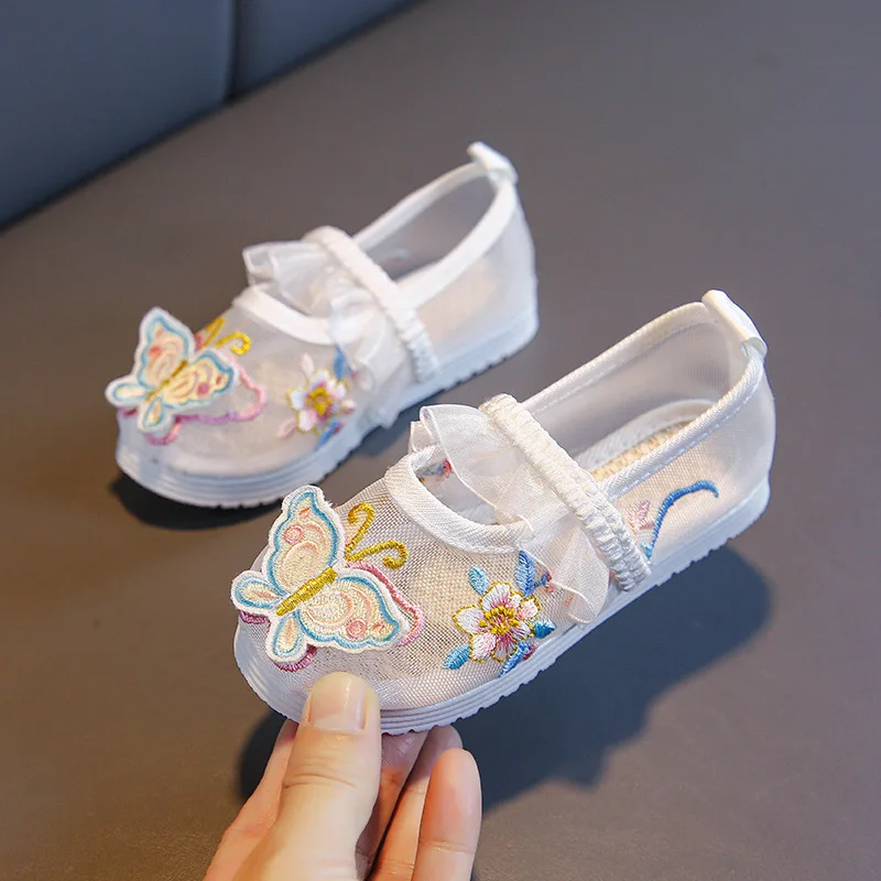 Embroidered Kids Mesh Sandal Girls Princess Shoes Handmade Flat  Cotton Cloth Shoes Children's Hanfu Dance Performance Shoes