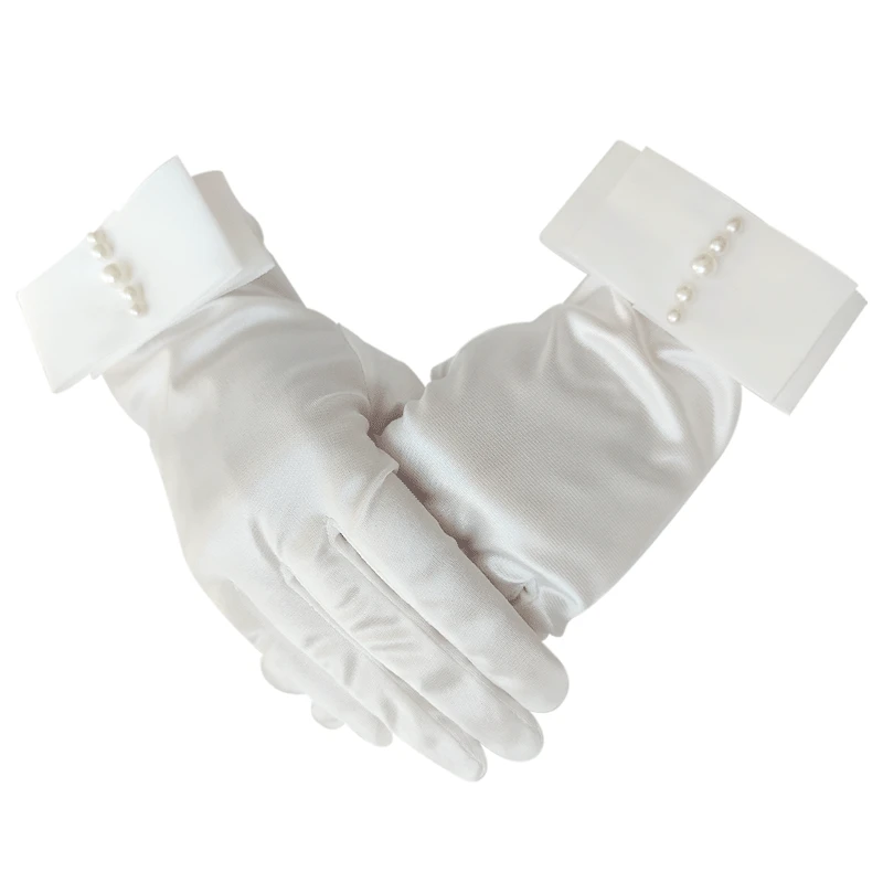 

5pair Wholesale Women Pearl Satin Bow Gloves Wedding Short Retro Sen Series Photo White Sexy Party Birthday New Design 2Colors