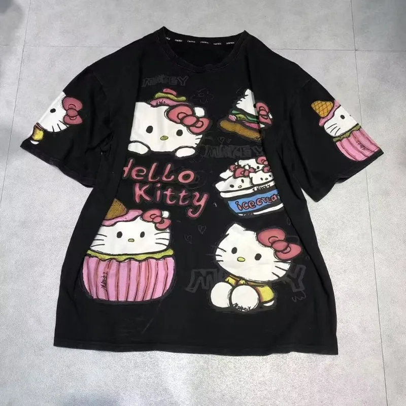 

Oversized T Shirt American Retro Washed Cartoon Hello Kitty Print Short Sleeved T Shirt Women Loose Slimm Tops Aesthetic Clothes