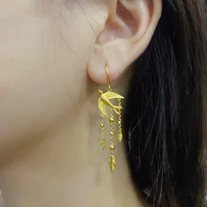 

AU999 24K Gold "Rainy Swallows" Earrings | 3D swallows with willow leaves, enamel gradient, secure hooks, elegant & poetic