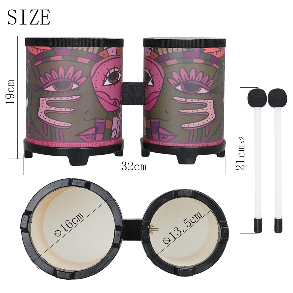 Indian Decal Bongo Drum Wooden Bongos Double Drums with Drumsticks Percussion Instrument for Rhythm Learning  Stage Performance