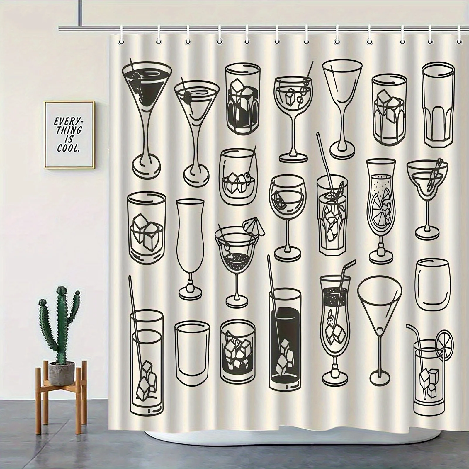

1pc Elegant Cup Pattern Shower Curtain - Black & White Design with 12 Hooks, Durable Polyester Fabric for Easy Cleaning, Perfect