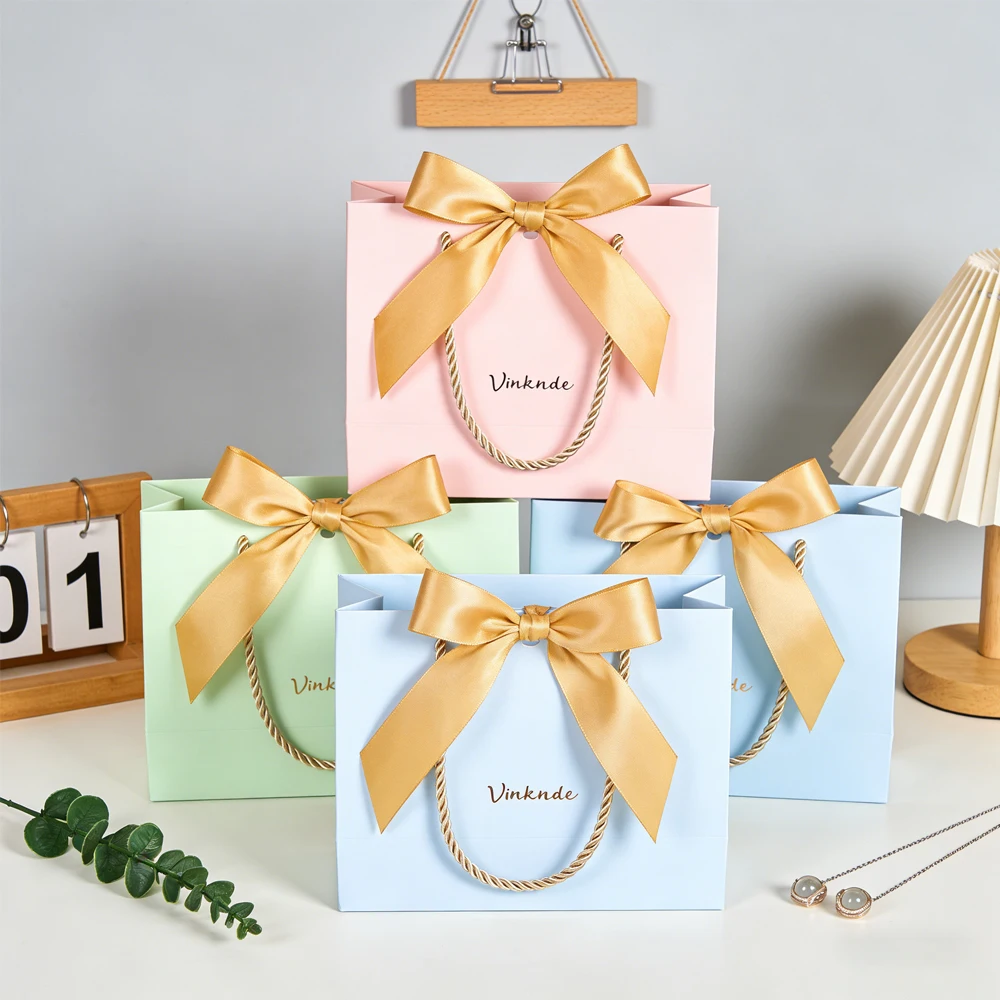 

50Pcs Pink Small Gift Bags with Handles Custom Logo 28x20x10cm Paper Wedding Party Favor Bag Bulk with Bow Ribbon Gift Wrap Bags