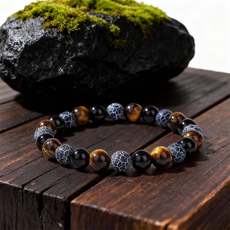 Natürliche Schwarze Obsidian Verwitterte Felsen Tigerauge Perlen Armbänder für Männer zur Gesundheit Dreifacher Schutz Frauen Seelen-Schmuck – Detail 4