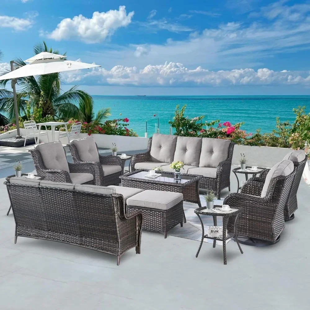 Wicker Patio Furniture Sets - 13 Piece Outdoor Rattan Furniture Conversation Sets with 4 Swivel Rocker Chairs, 2 Rattan Sofas