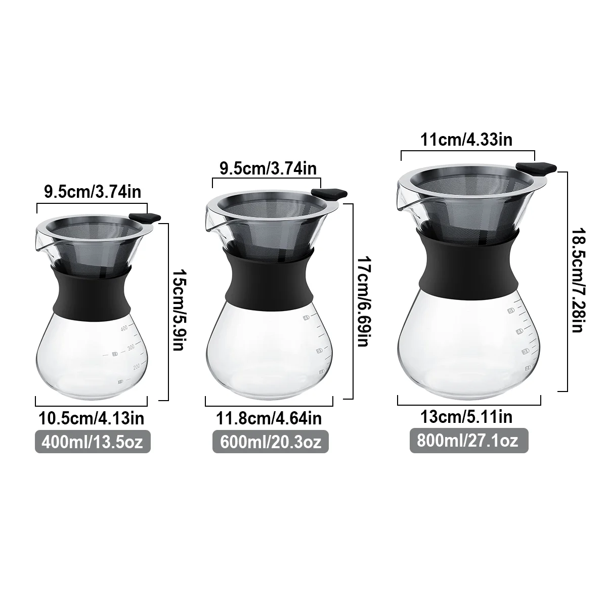 Leeseph Glass Pour Over Coffee Maker with Reusable Stainless Steel Drip Filter, Marks, Suitable for Kitchen, Dining Table