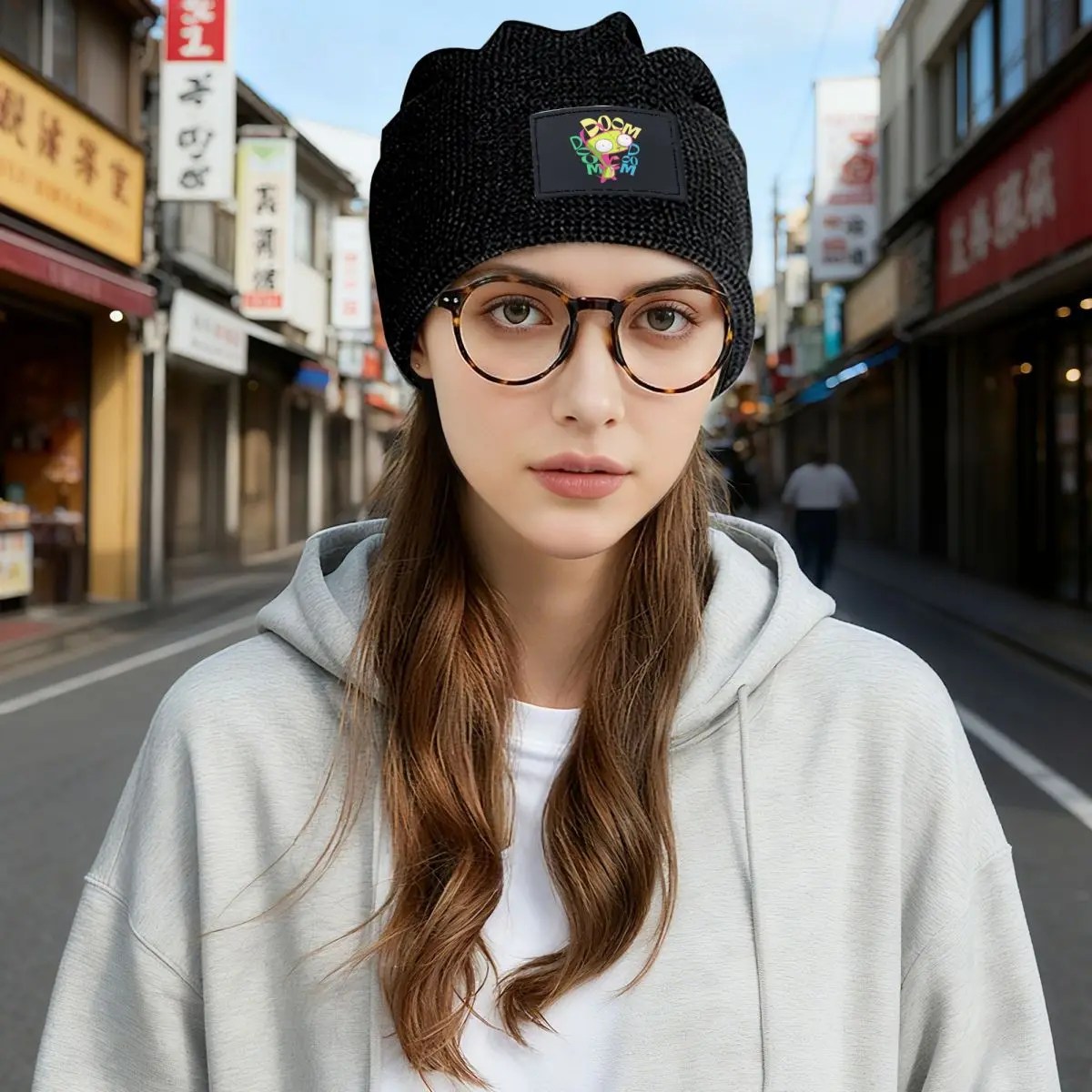 Invaders Zims Anime Cartoon Alien Waffle Knit Fleece Lined Beanie with PU Leather Patch Unisex Warm Winter Soft Cap