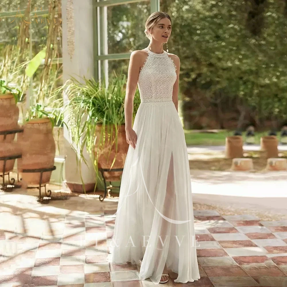 

FL&AEVVE Boho Lace A-Line Chiffon Wedding Dress O-Neck Customized Bride Gown Mesh Formal Party Robe for Brides