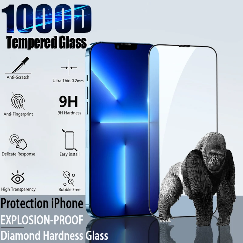 1000D For iPhone15 Full Cover Tempered Glass For iPhone 14 13 12 11 Pro Max 15ProMax Mini 7 8 13Pro X XR XS Max Screen Protector