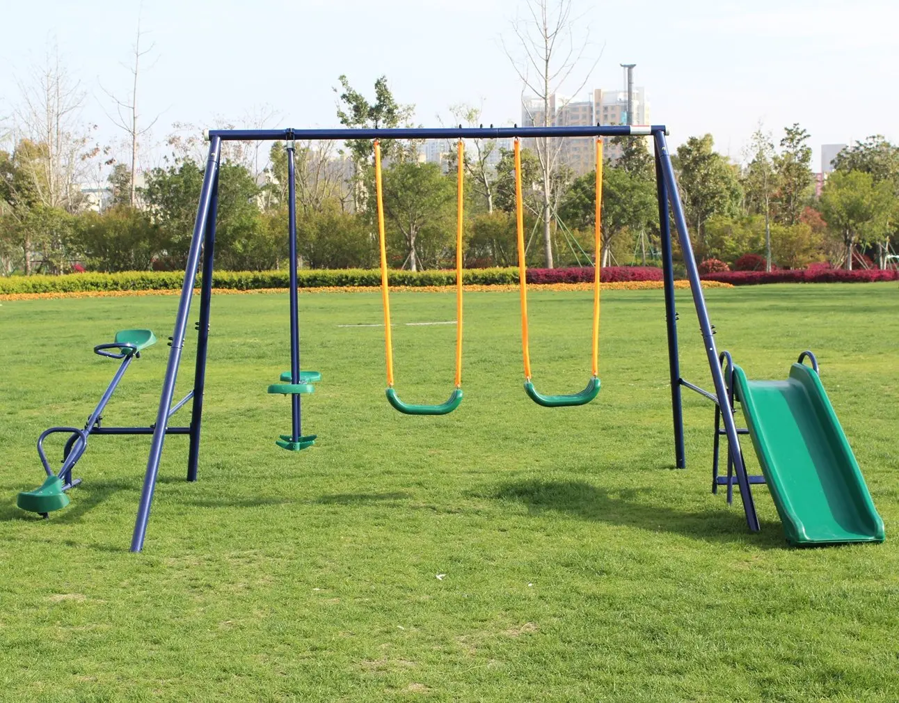 

5-in-1 Metal Backyard Swing Set with Slide, Seesaw, Glider, Heavy A-Frame for Kids 3-8, Customized
